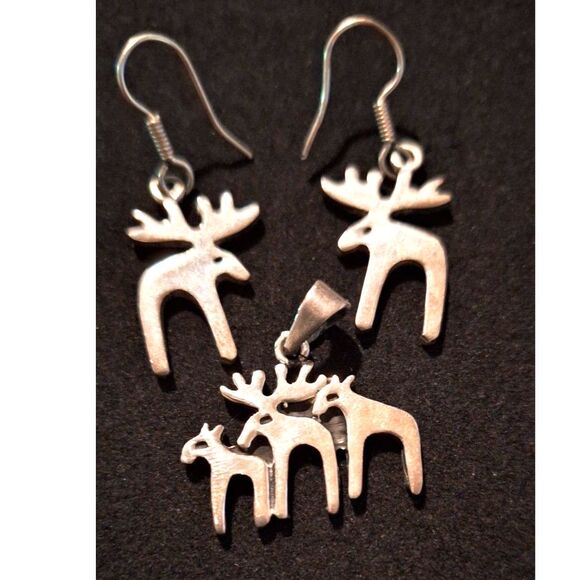 Sterling Moose Deer Family Earrings and Pendant Marked - Picture 1 of 5